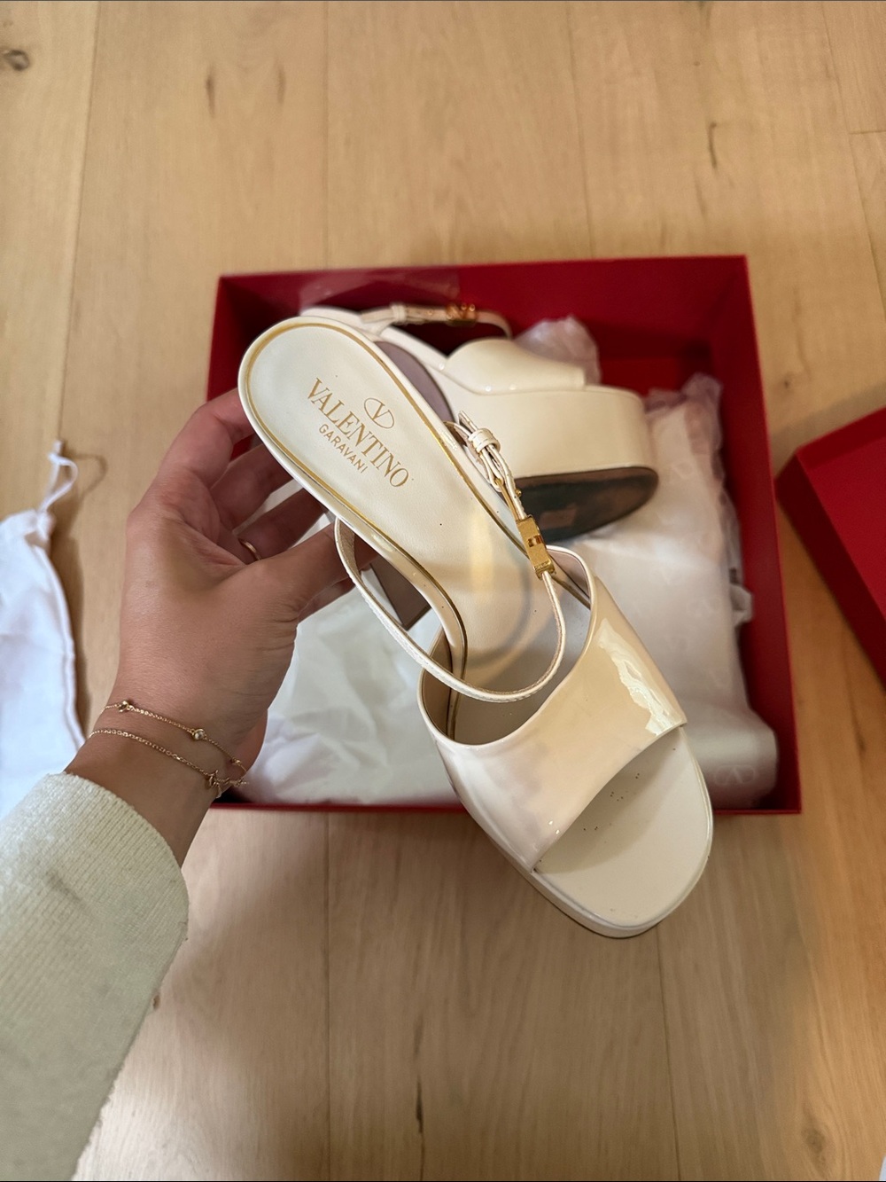 Valentino Garavani Cream Patent Slingback Heels with Gold Accent